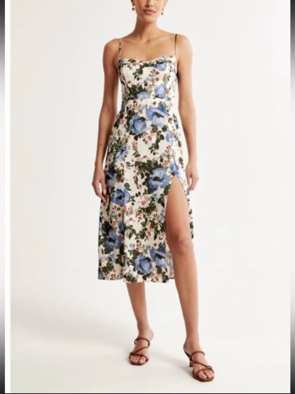 Abercrombie Satin Camille Midi Dress cream floral size LARGE TALL
